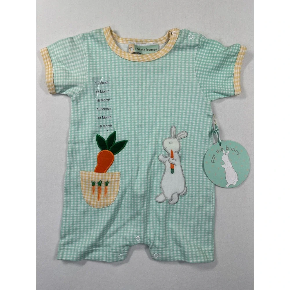 NWT‎ Vintage Y2K Pat the Bunny Romper 18M Green Gingham Bunny Carrot One Piece